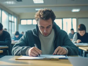 Estudante realizando uma prova com sinais visíveis de tensão e ansiedade